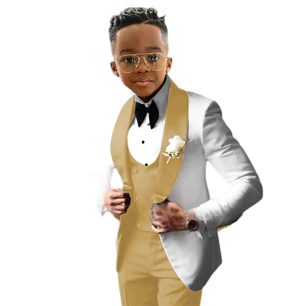 Suit for Boys Wedding Tuxedo 3 Piece White Jacket Royal Blue Pants Vest Kids Blazer Set Slim Fit Tailored Outfit