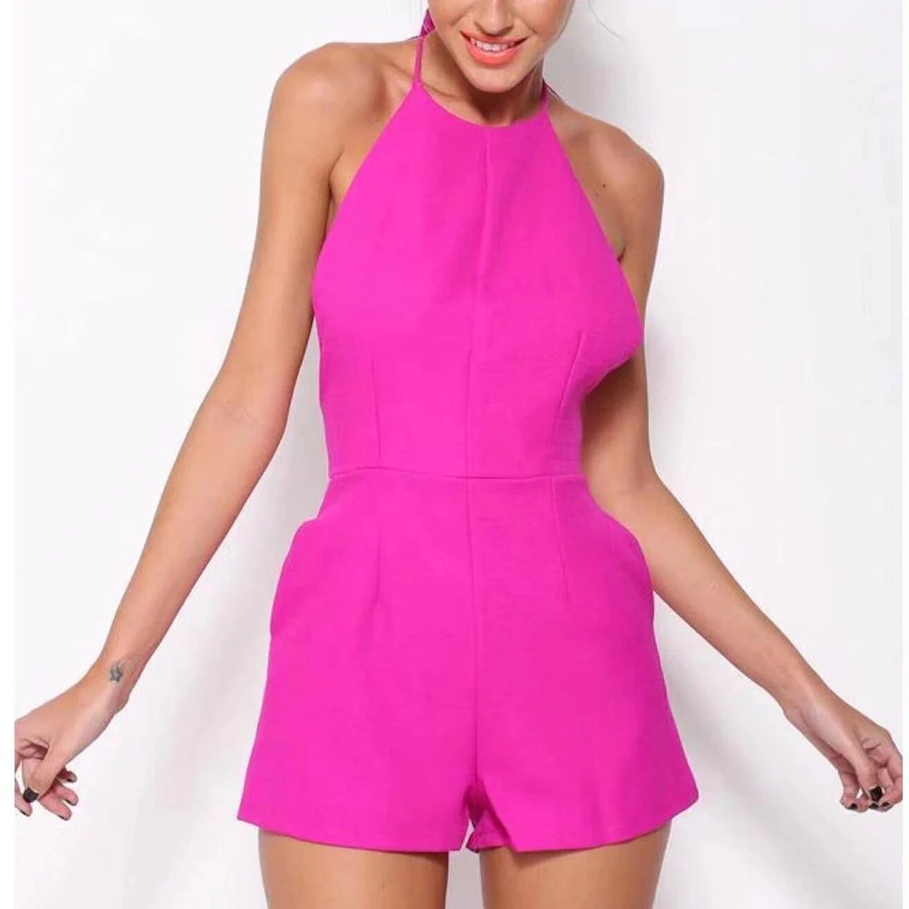 TWOTWINSTYLE Solid Office Playsuit for Women Halter Sleeveless High Waist Patchwork Bandage Backless Playsuits Female Fashion