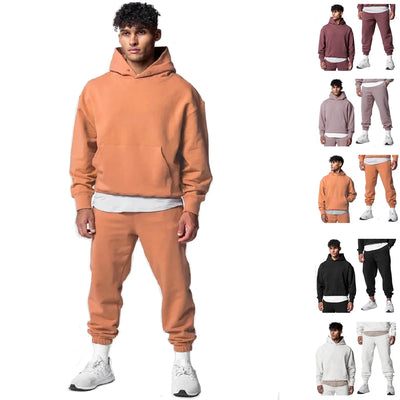 Men's Thick Cotton Training Sets Hoodie Casual Sports Pullover Hooded 2-piece Top with Pants Sweatshirts Gym Running Tracksuits