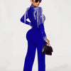 Women Jumpsuit Solid High Collar Hot Drill Mesh Shoulder Cotton Long Sleeves Long Straight Jumpsuit Sexy Party Outfits