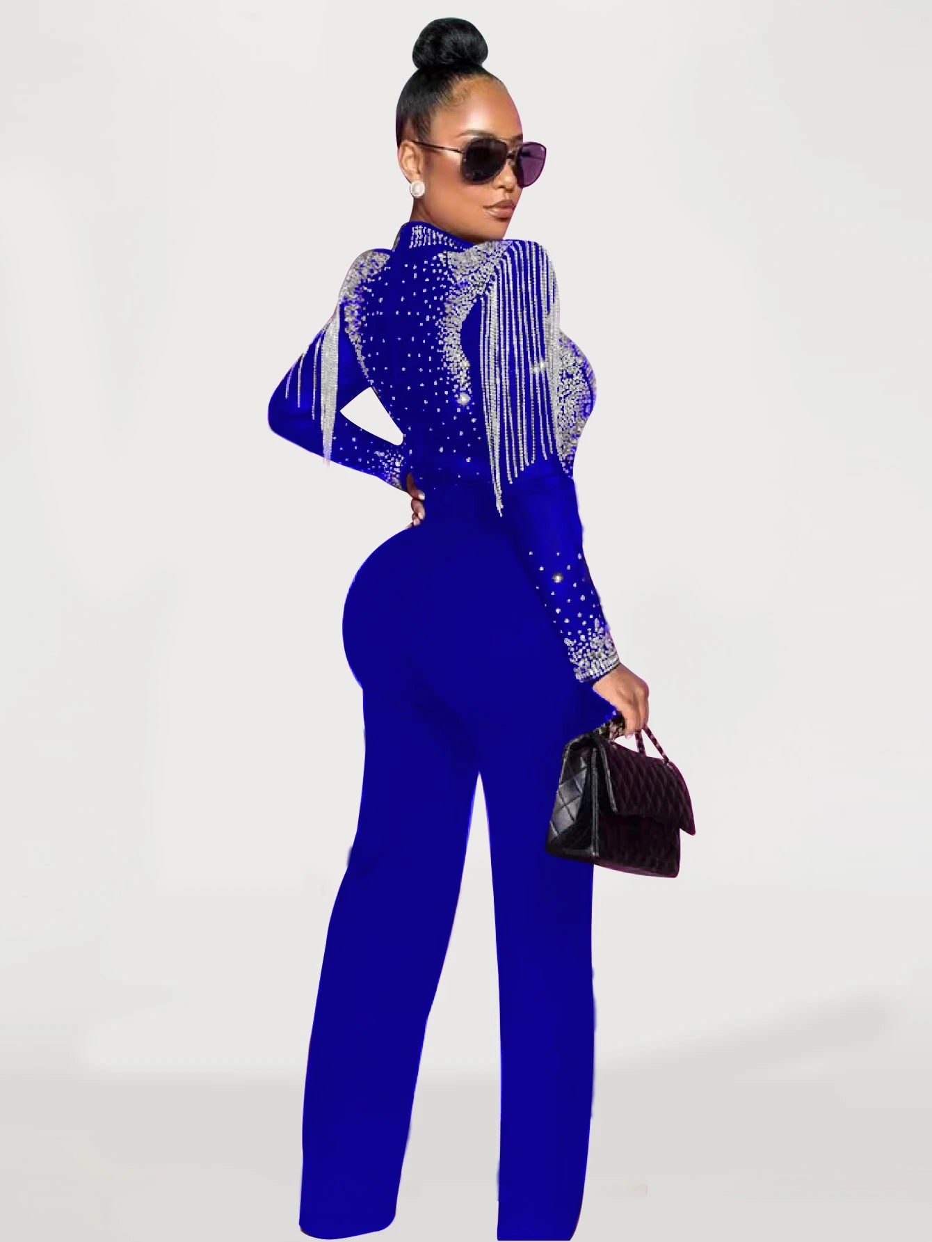 Women Jumpsuit Solid High Collar Hot Drill Mesh Shoulder Cotton Long Sleeves Long Straight Jumpsuit Sexy Party Outfits