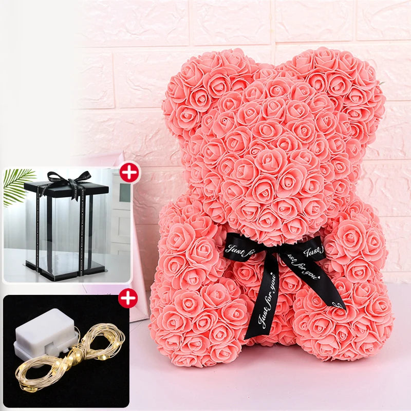 Valentinstagsgeschenke Dekoration Rosenbär Künstliche Blume mit Box Lichter Teddybär für Frauen Freundin Geburtstagsgeschenk Liebesblume