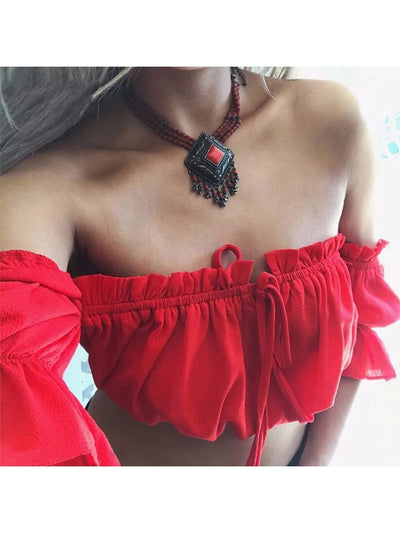 Cropped Tops für Damen, Sommer 2019, Laternenärmel, sexy trägerloses Strand-Top, rot, schwarz, weiß, gerafftes Crop-Top, Tanktop, Croptop
