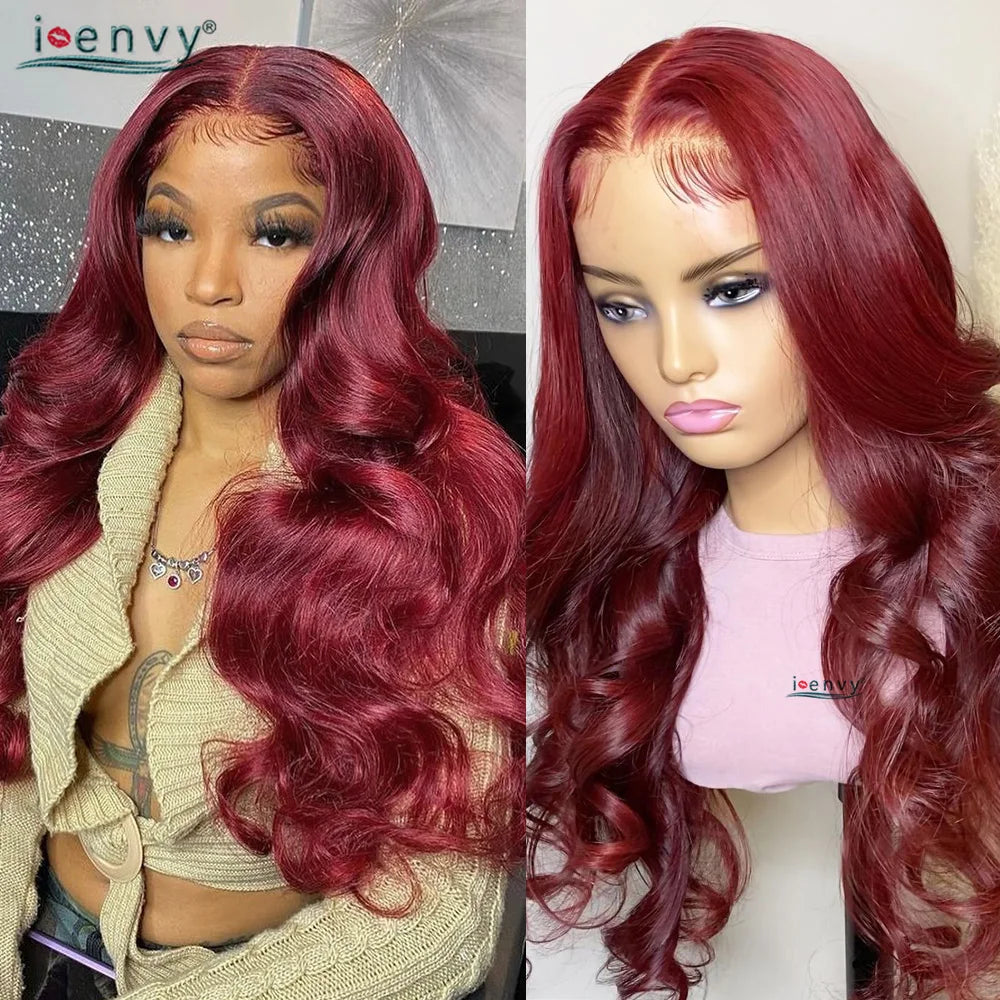13X4 HD Transparente Lace Front Perücken Burgunderrote Echthaarperücken Vorgezupft 30 Zoll Body Wave Lace Front Perücken für Frauen Gelockt