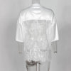 Letter Print T-Shirts Top Women 2025 Spring Summer V-Neck See Through Backless Loose Short Sleeve Y2K Sexy Trend Streetwear Tops