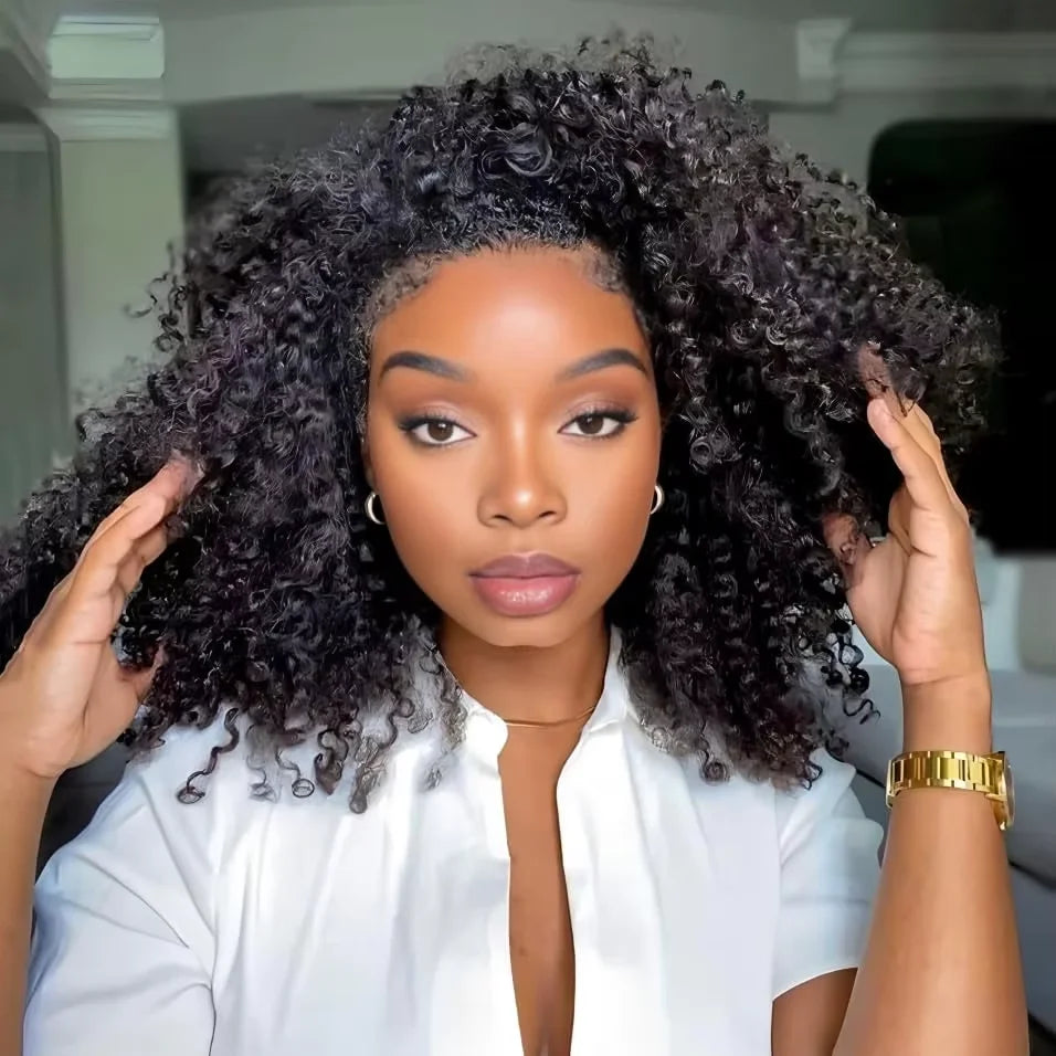 Glueless Half Wigs Human Hair Kinky Curly Headband Wig Upgrade 3 IN 1 No Lace Wig With Drawstring Seamless Clip Ins Flip Over