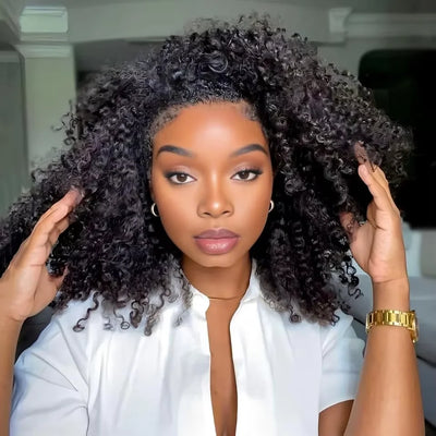 Glueless Half Wigs Human Hair Kinky Curly Headband Wig Upgrade 3 IN 1 No Lace Wig With Drawstring Seamless Clip Ins Flip Over