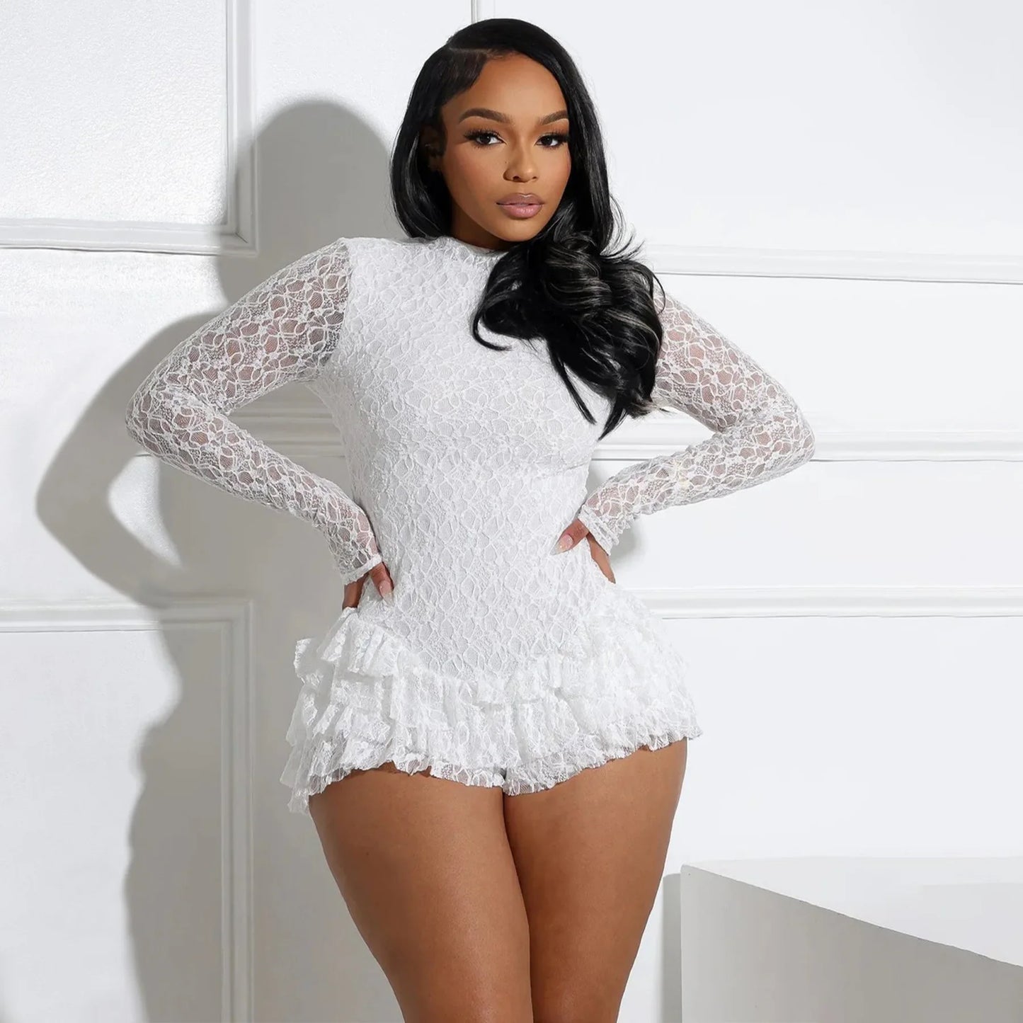 BWQ Women Long Sleeve Lace Ruffles Ruched High Waist Short Jumpsuit Streetwear Backless Street One Piece Romper Playsuit