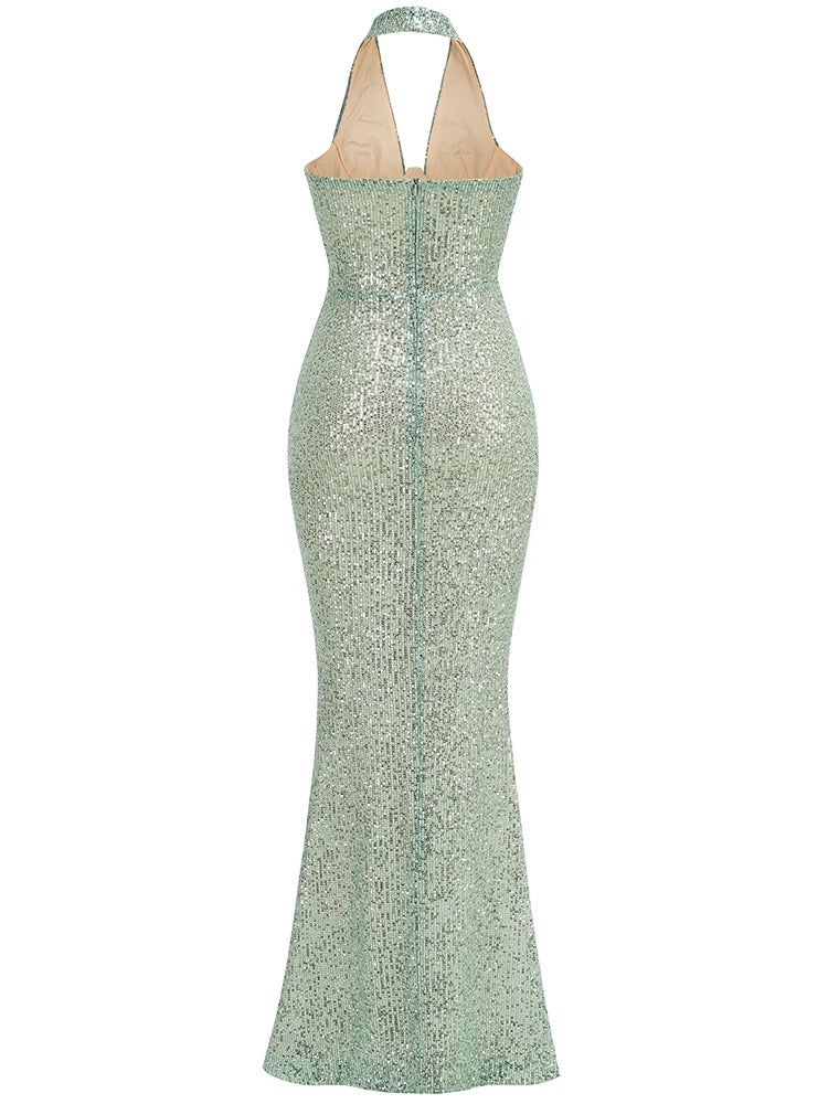 Sexy Neckholder Maxikleid mit tiefem V-Ausschnitt, Pailletten, Damen, Grün, Ärmellos, Rückenfrei, Pailletten, Schlankes langes Kleid, Celebrity Partykleider