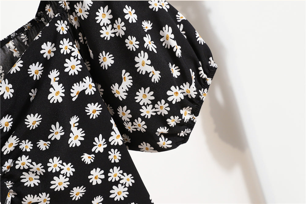 Damen Minikleider Sommer Mode Damenkleider Bedruckte Chiffonkleider mit Blumenmuster, gerafft, plissiert, kurze Puffärmel, Freizeitkleid