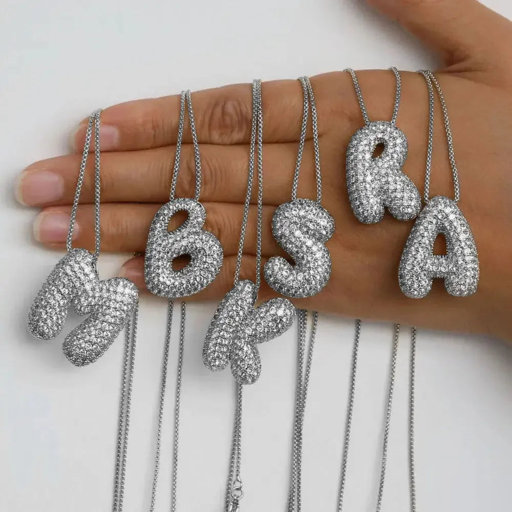 18K Vergoldet Wasserdicht Dicke Blase Alphabet Buchstabe Schlüsselbein Halskette Funkelnder Strass Ballon Initialen Schmuck
