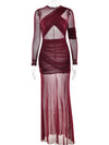 Articat Elegantes Mesh-Patchwork Langarm-Bodycon Party Club Abendkleid Sexy Doppellagiges Perspektivkleid Herbstkleidung