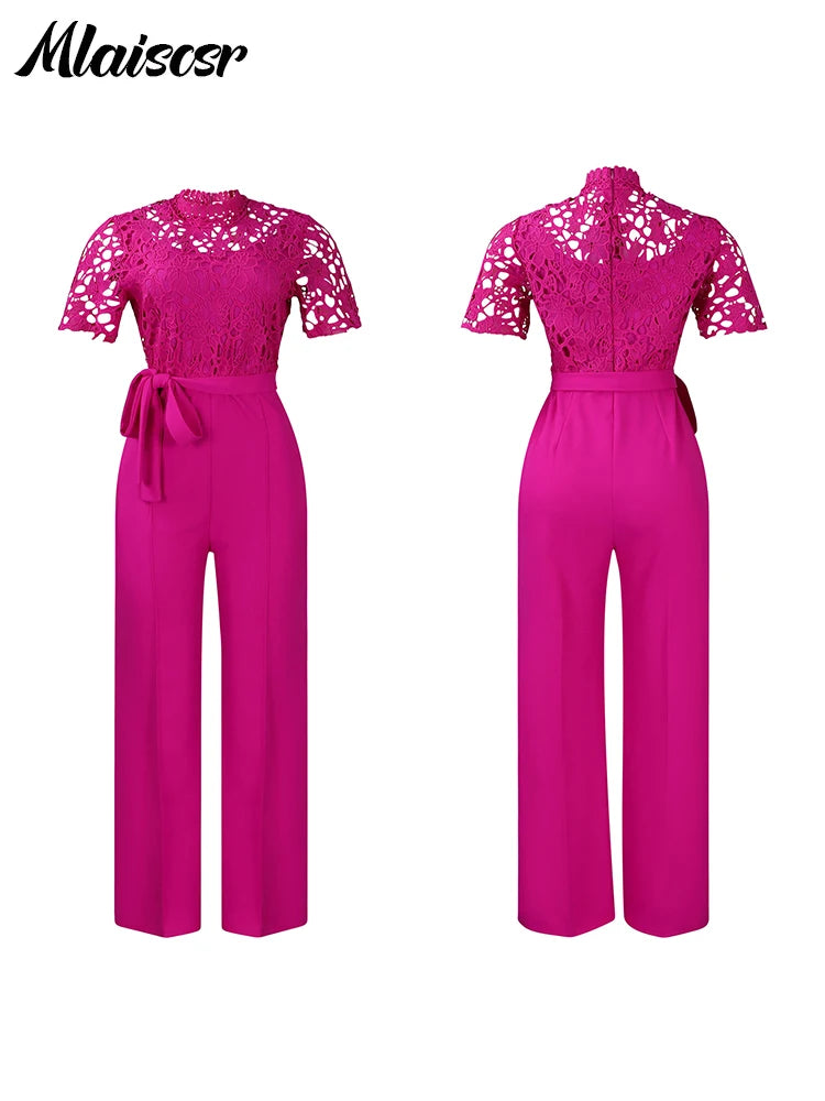 Mlaiscsr Elegant White Jumpsuits with Sashes Club Outfit for Women Lace Patchwork Short Sleeve Birthday Party One Piece Rompers