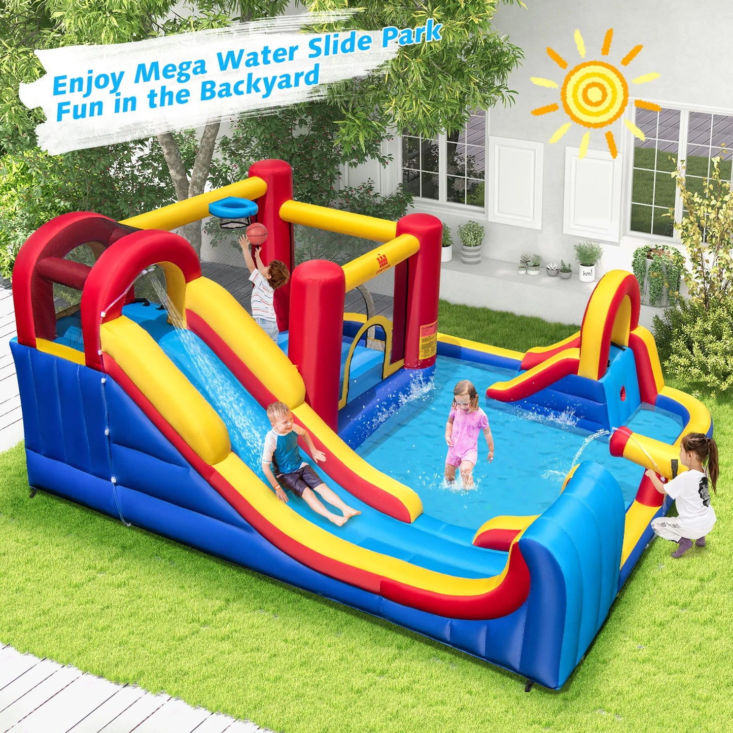 Riesige aufblasbare Wasserrutsche, Kinder-Wasserpark mit doppelten Rutschen ohne Gebläse