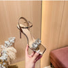 Summer One-word Rhinestone Square Head Sandals Women's Stiletto Open-toed Crystal Gemstone High Heels