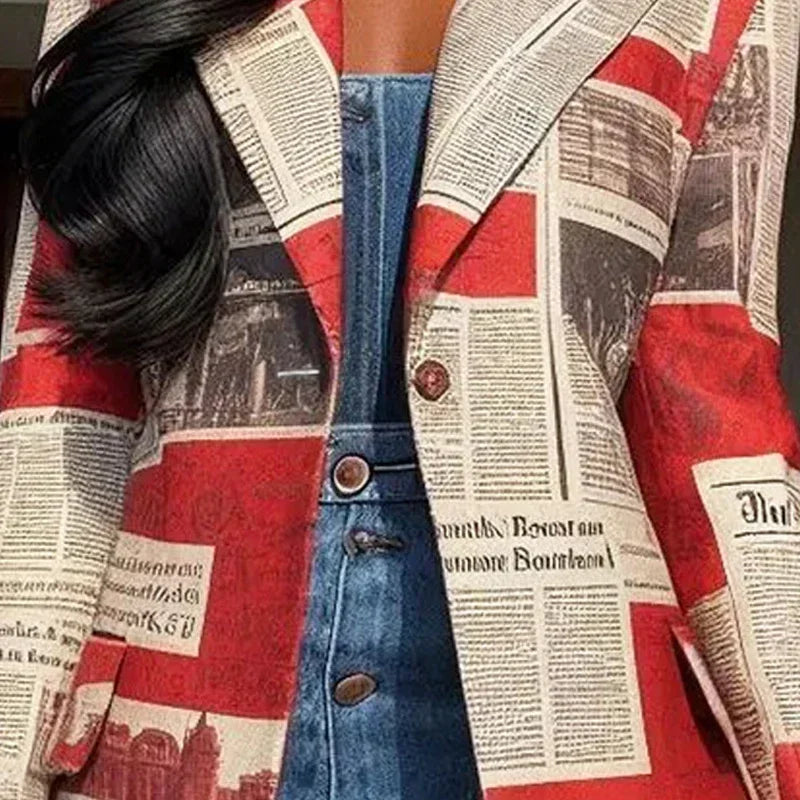 Yeezzi Damen Blazer mit gekerbtem Revers 2025 Neu Frühling Langarm Fashion Zeitungsdruck Urban Casual Streetwear Oberbekleidung