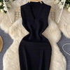 SINGREINY Bodycon Basic Knitting Dress Women Sleeveless V Neck Tank Ladies Elastic Waist Temperament Solid Streetwear Dress