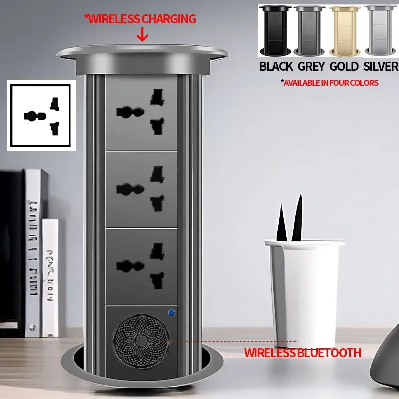 Motorized Lifting Pop Up Tower Power Outlet Hidden Mounted Kitchen Worktop USB Type C Socket with Speaker Wireless Charging