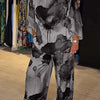 Casual Sets for Women 2 pieces Summer Fashion Printed Satin Two Piece Sets Women Sexy Round Neck Top+Wide Leg Long Pants Outfits