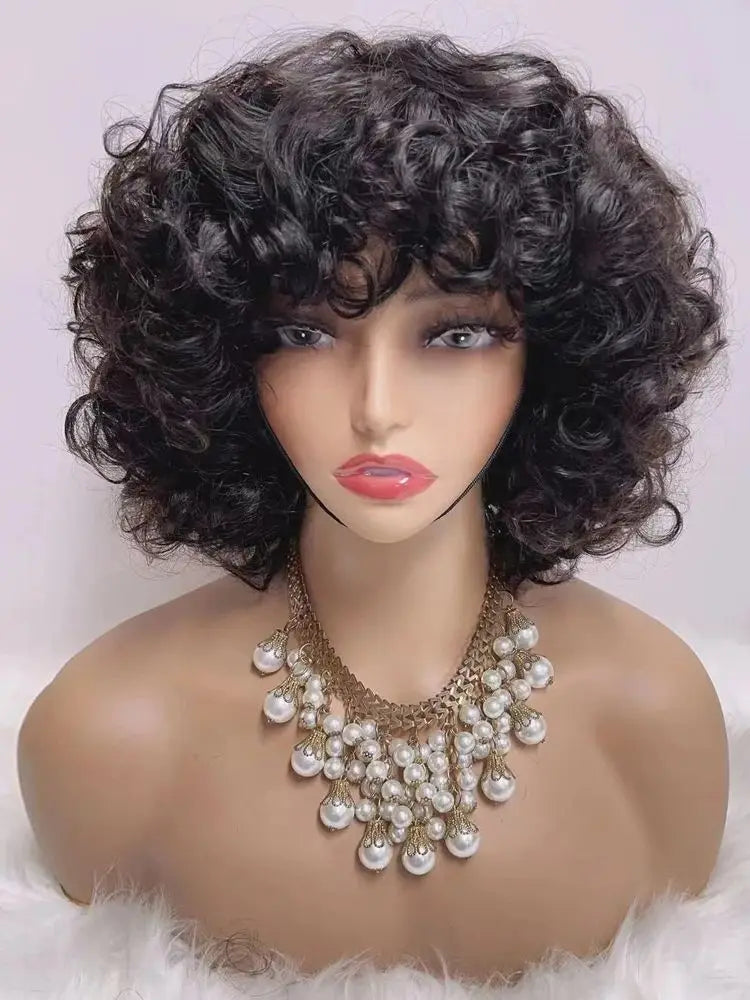 330% Dichte Brasilianische Egg Curl Pixie Cut Perücke Echthaar mit Pony Wasserwelle Kurze Bob Perücke für Frauen Vorgezupft Lokale Lieferung