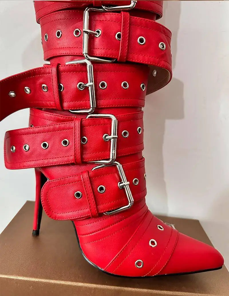 Onlymaker Women Pointed Toe Mid-Calf Boots Buckle Strap Thin High Heel Lady Zipper Female  Stiletto Boots