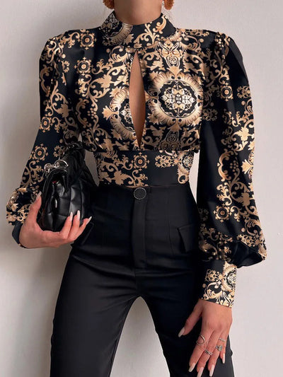 Frühling Damen Sexy Rückenfrei Hohl Druck Shirts Oberteile 2024 Lässiger Stehkragen Langarm Office Lady Blusen Mode Party Crop Top