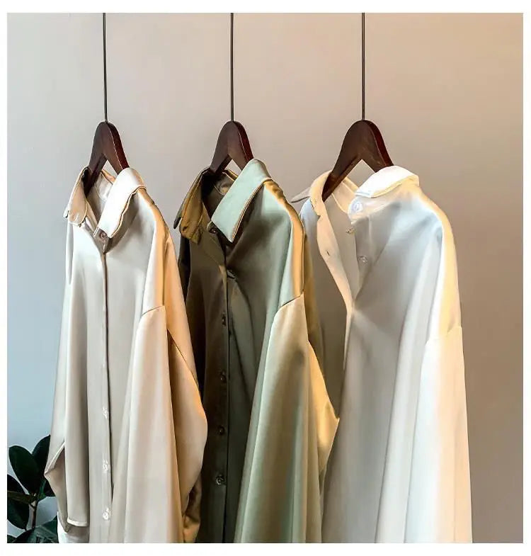 1pcs Woman Spring Autumn Satin Shirt Lady Long Sleeve Lapel Blouses Cardigans Elegance Sweet Casual Coats Girl Sunscreen Top