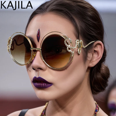 Übergroße runde Sonnenbrille Damen 2024 Luxusmarke Trendige Metall-Hohlrahmen-Schutzbrille für Damen Vintage Große Rahmen-Sonnenbrille