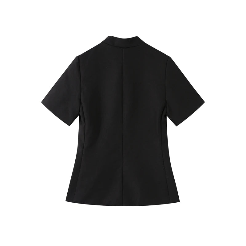 Fashion Women's Stand Collar Blazer Short Sleeve Button Puff Sleeves Solid Lady Top 2025 Summer Autumn Elegant Female Coat