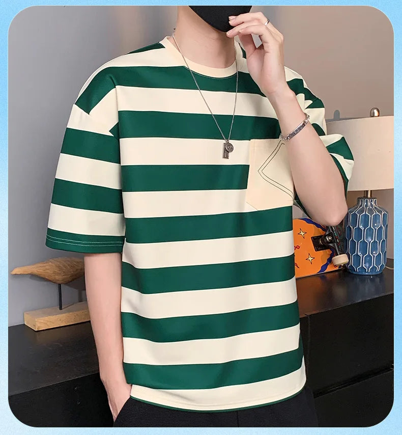 Casual Short Sleeve T Shirt Men'S For 2025 Summer Tshirt Top Tees Striped Brand Fashion HIP HOP Clothes OverSize 3XL T-Shirt