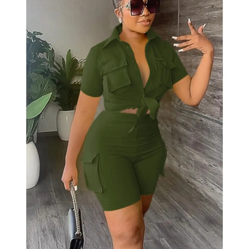 Women Two Piece Shorts Set Outifit Summer Fashion Solid Turn-Down Collar Short Sleeve Shirts Top & Casual Pocket Streetwear Sets
