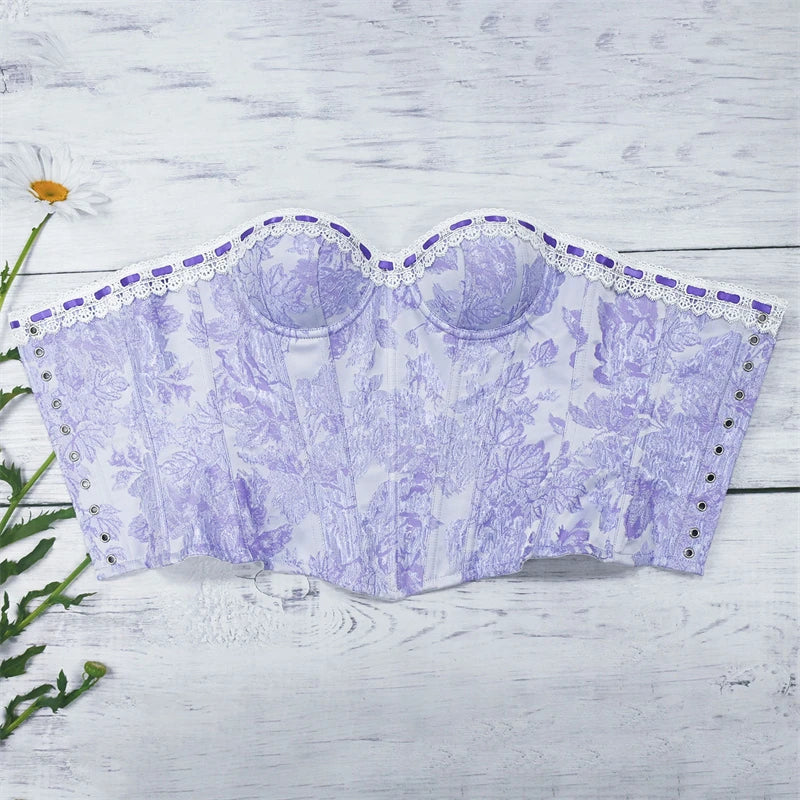 Sexy Women Pink Overbust Corset Crop Top Sweet Lace Patchwork Slim Fit Strapless Bustier Chic Party Summer Clothes Streetwear