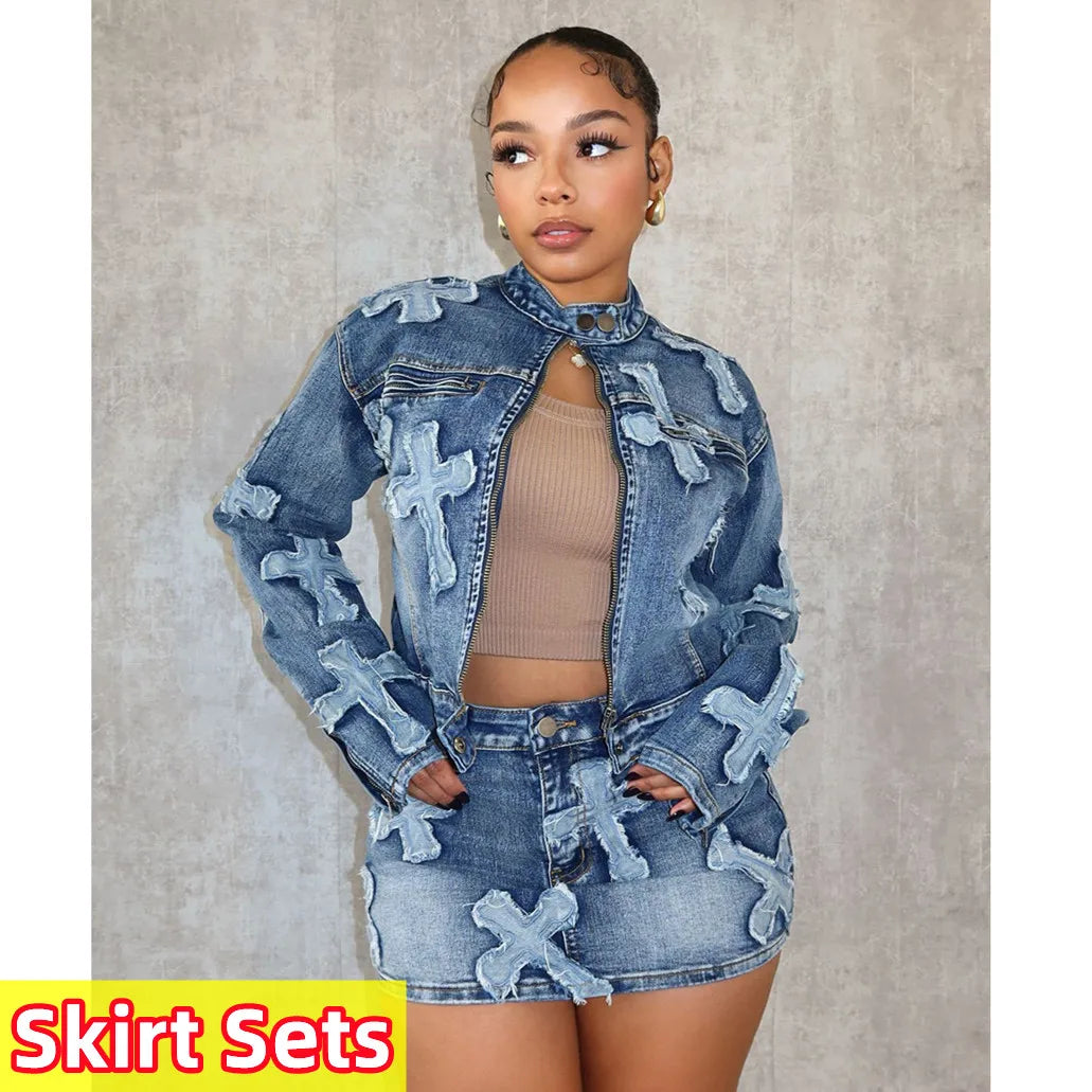FAGADOER Fashion Denim Embroidery Shorts Two Piece Sets Women Zipper Long Sleeve Coat And Shorts Outfits Female Cowboy 2pcs Suit