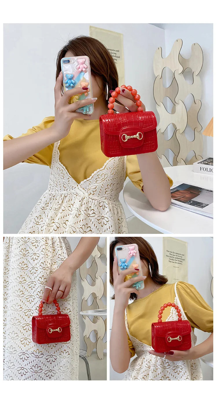 Fashion Mini Handbags PVC Crossbody Coin Purse Crocodile Pattern Pearl Handbag Plastic Small Chain Jelly Bag For Girl Wholesale