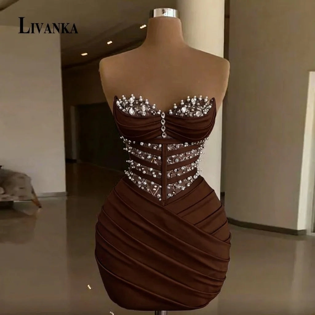 LIVANKA  Fashionable Sheath Homecoming Dresses For Women Pearls Pleat Ruched Satin Vestidos De Festa Customized Plus Size