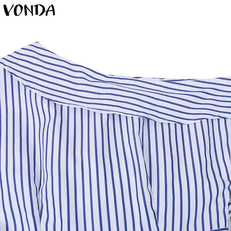 VONDA 2024 Women Elegant Striped Maxi Dress Bohemian Sundress Casual Loose Off Shoulder Long Sleeve Party Vestidos Robe Femme
