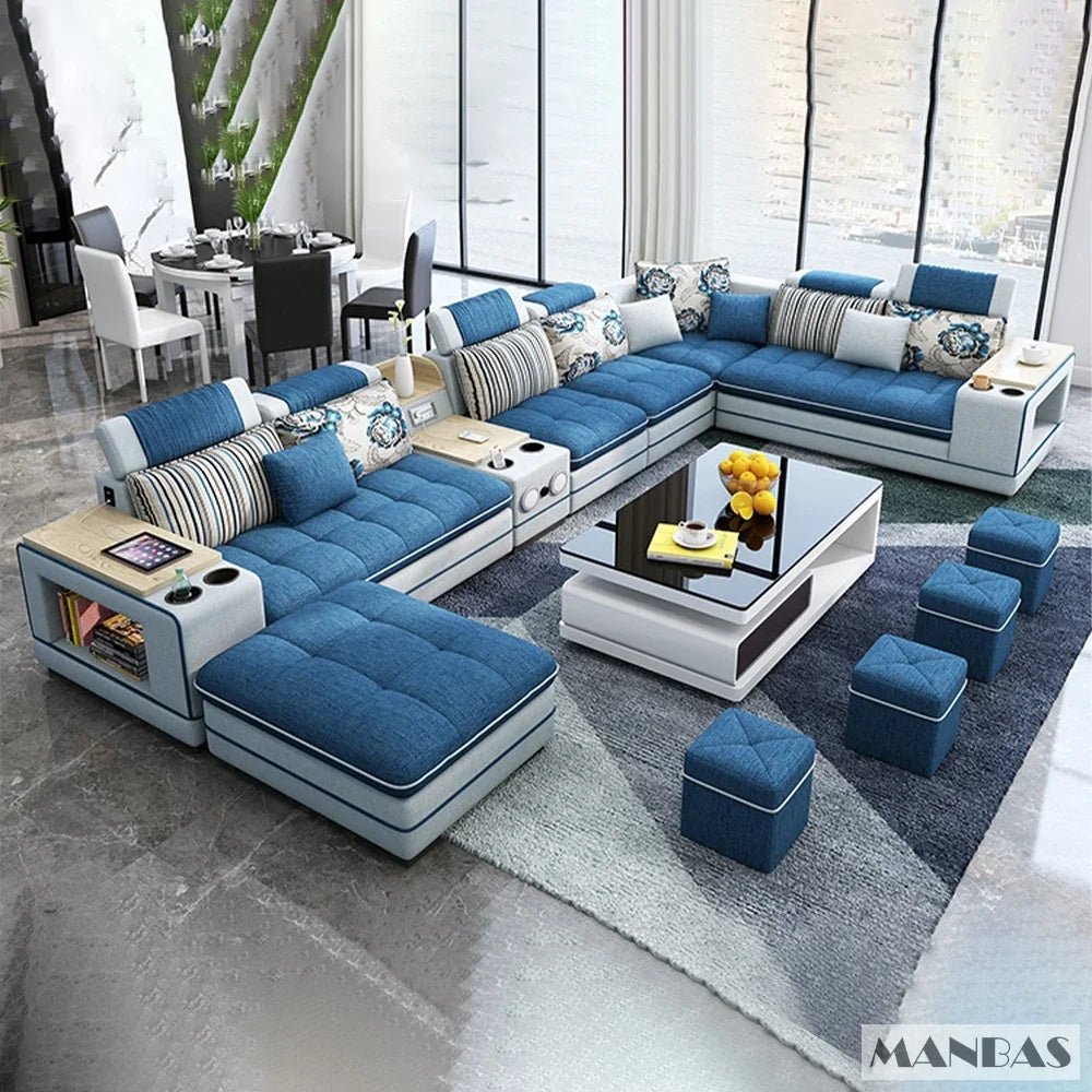 MINGDIBAO Nordische Stoff-Sofagarnitur mit Bluetooth-Lautsprecher & USB – Modernes Modulares Wohnzimmer-Sofa, Großes U-förmiges Ecksofa aus Stoff