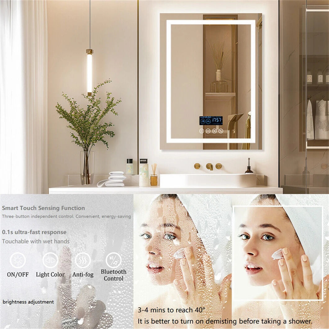 Intelligenter LED-Badezimmerspiegel, rechteckiger Wandspiegel mit Bluetooth-Lautsprecher, Uhrzeit, Temperatur, Lichtspeicher, Front- und Hintergrundbeleuchtung, Antibeschlag
