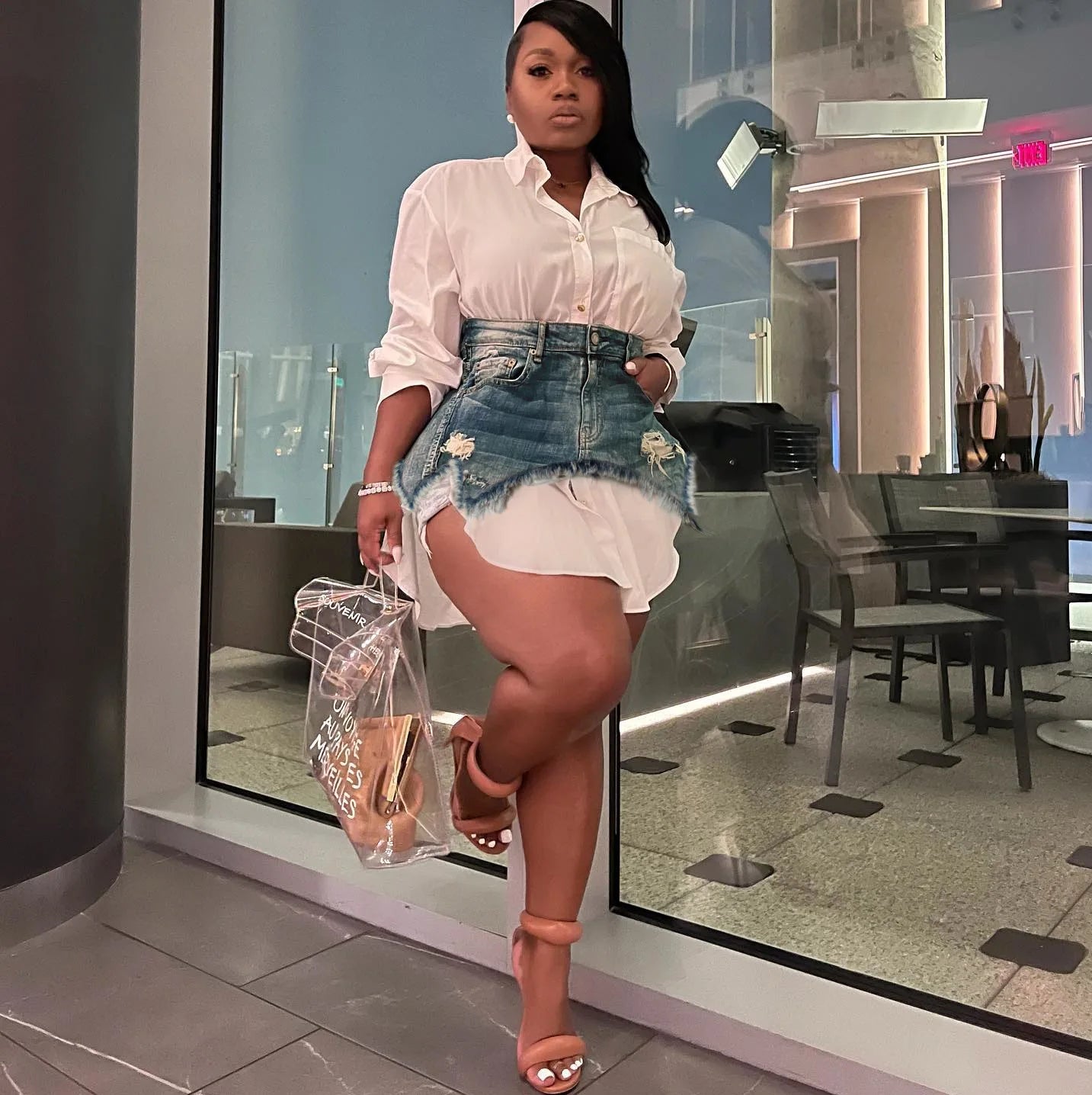 Denim 2 Piece Sets Women Shirt Skirt Suit Hole Single Breasted Turn Down Collar Pocket Splicing Outfits 2025 Skirts Ensemble