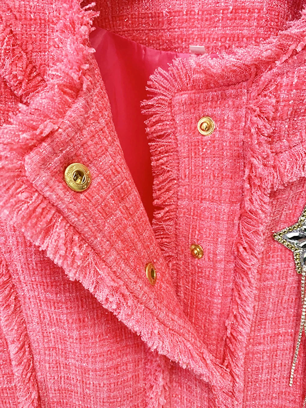 Modphy Winter Sweet Luxury Tweed Rose Pink Jackets Women Diamond Tassels Woollen Coats Elegant Straight Outerwear Tops Female