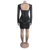 Damen sexy durchsichtiges Mesh-Strass-Dekor Langarm Skinny Partykleid