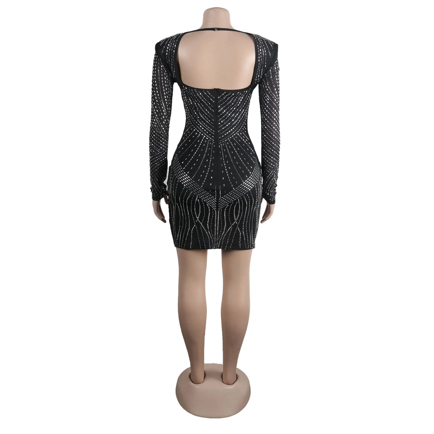 Damen sexy durchsichtiges Mesh-Strass-Dekor Langarm Skinny Partykleid