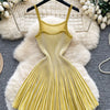 Joskaa 2026 Autumn Retro Striped Knit Dress Women Elegant Pleated Waist Slim Low Cut Sleeveless A-line Slip Dress Streetwear