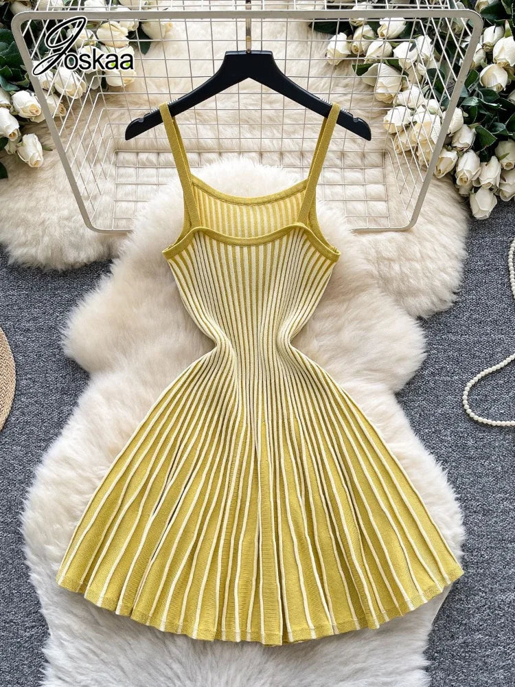 Joskaa 2026 Autumn Retro Striped Knit Dress Women Elegant Pleated Waist Slim Low Cut Sleeveless A-line Slip Dress Streetwear