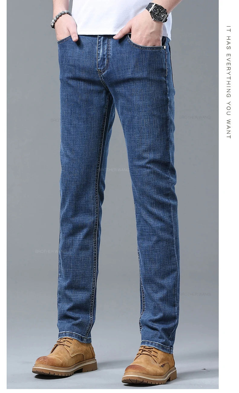Frühlings Herren Hellblaue Slim Jeans Stylische Lässige Stretch Denim Hose Klassische Chinohose Rauchgrau