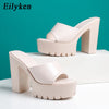 Eilyken Sommer-Fashion Damen Pantoletten Bankett Nachtclub Plateau Chunky High Heels Mules Slides Grüne Weiße Sandalen