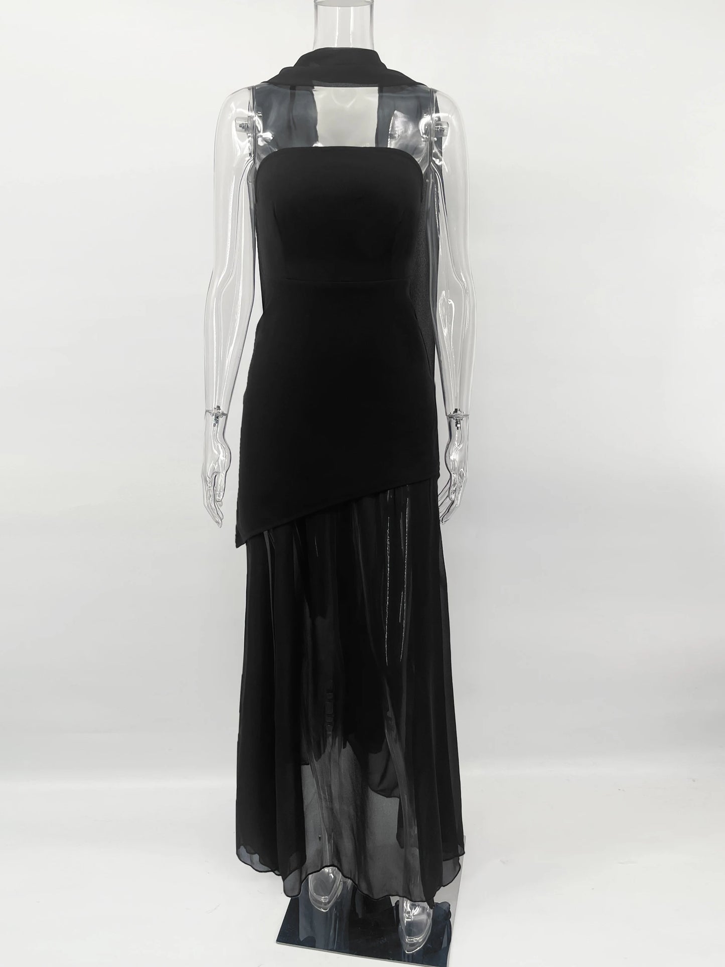 TARUXY Mode Trägerloses Kleid mit Band Frauen Elegantes Ärmelloses Mesh Strand Urlaub Langes Kleid Frühling 2025 Neues Damenkleid