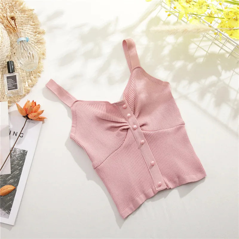 New Style Summer Crop Top Women Seamless Sexy V-Neck Wide Straps Tank Top Knitted Button Camisole Solid Corset Top Female Vest