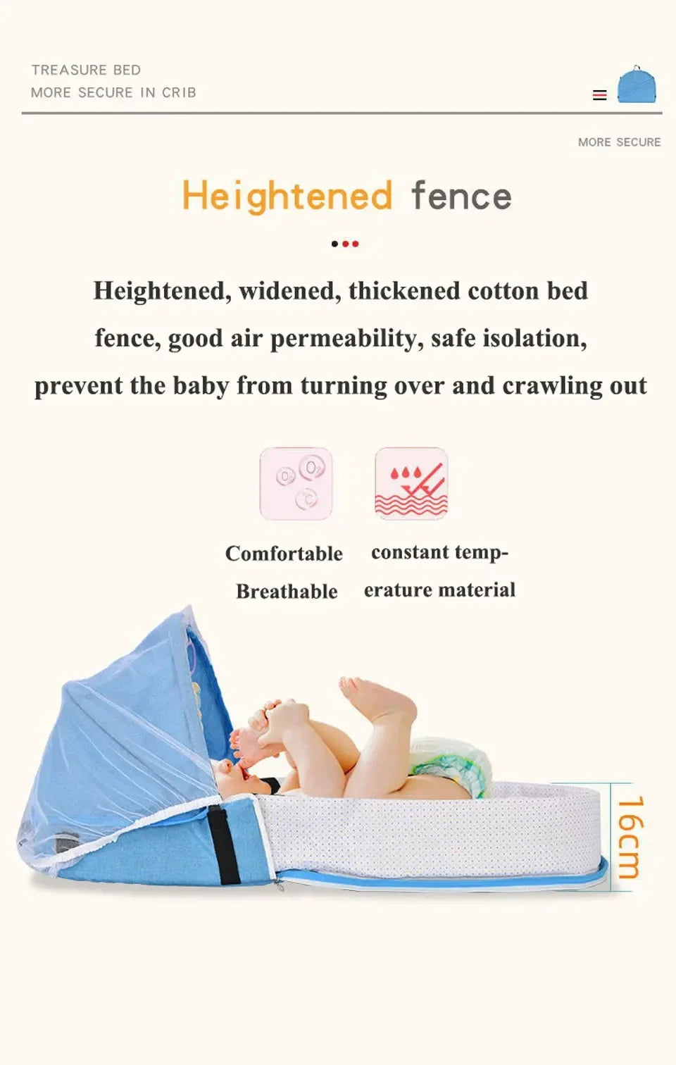 Babybett, faltbar, tragbar, mit Netz und Verdeck, Babynest, tragbares Babybett zum Campen, Säuglingswiege