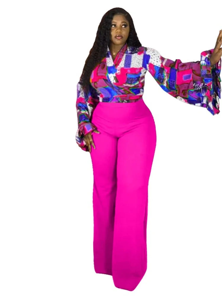 Wmstar Plus Size Two Piece Sets Wholesale Long Sleeve Print Top and Wide Leg Pants Matching Suit Fall Clothing Dropshopping